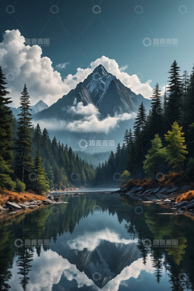 高清大图下载【趣麦麦图】山林湖泊与远山风景