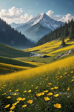 山间花海与远处雪山风景