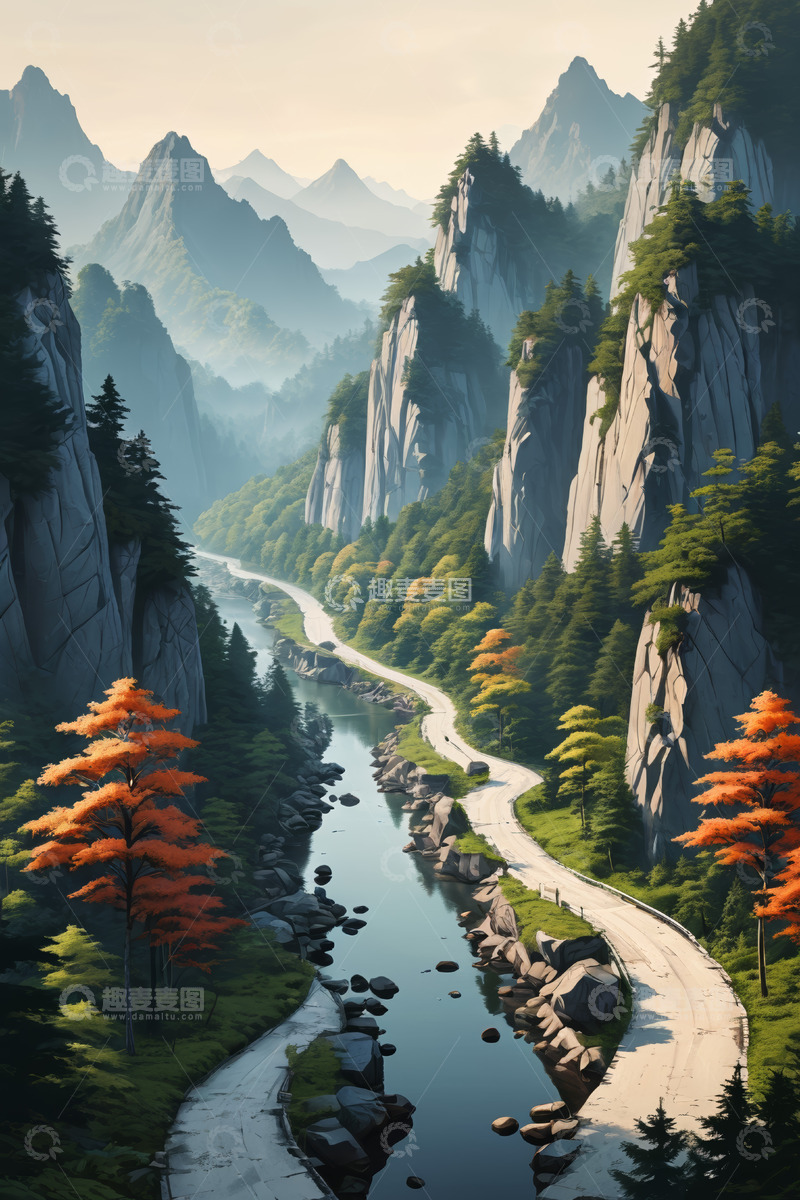 高清大图下载【趣麦麦图】山间河流旁蜿蜒公路风景