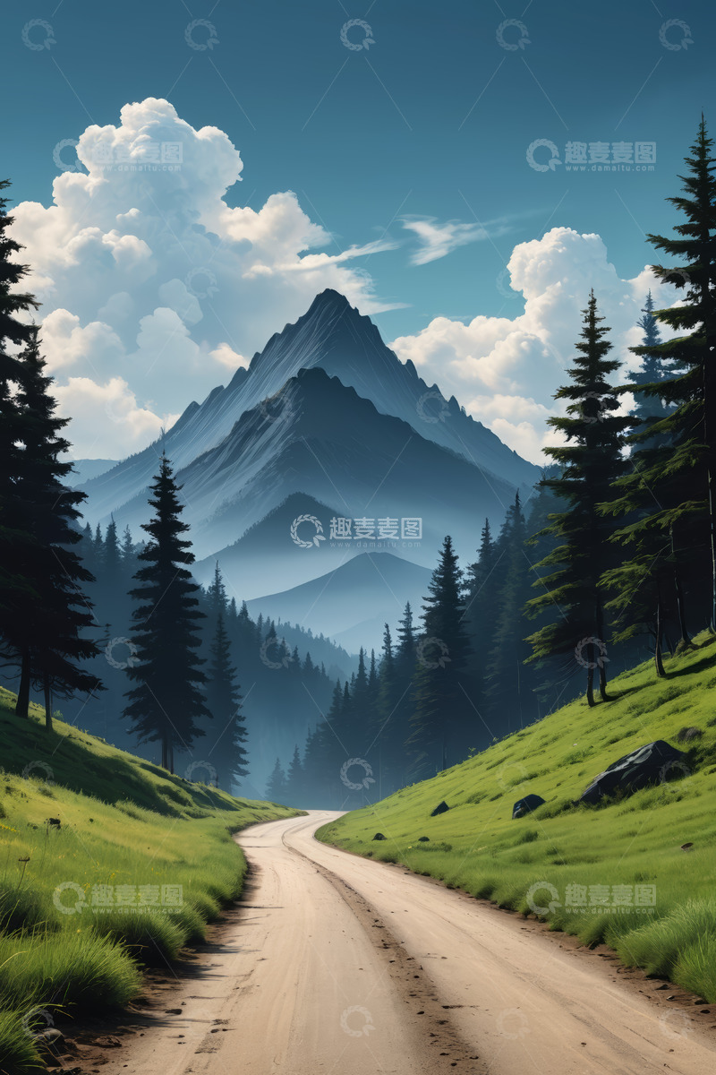 高清大图下载【趣麦麦图】山间森林中的蜿蜒土路风景