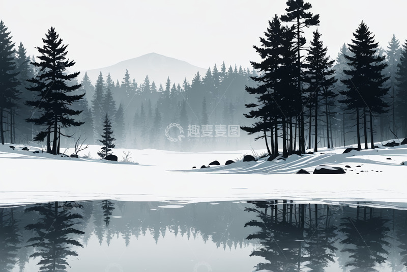 高清大图下载【趣麦麦图】冬日雪覆森林湖泊景象