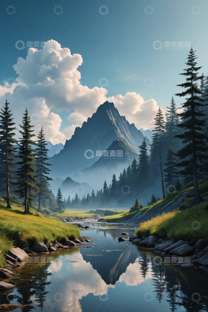 高清大图下载【趣麦麦图】山林间河流与远山自然景观