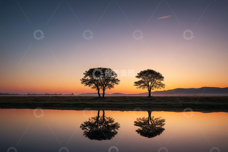 高清大图下载【趣麦麦图】湖畔双树日出倒影风景