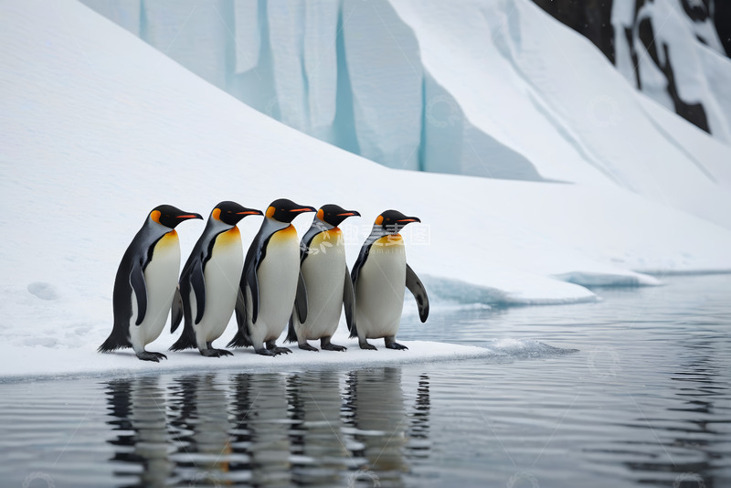 高清大图下载【趣麦麦图】南极洲企鹅站在冰面与水边