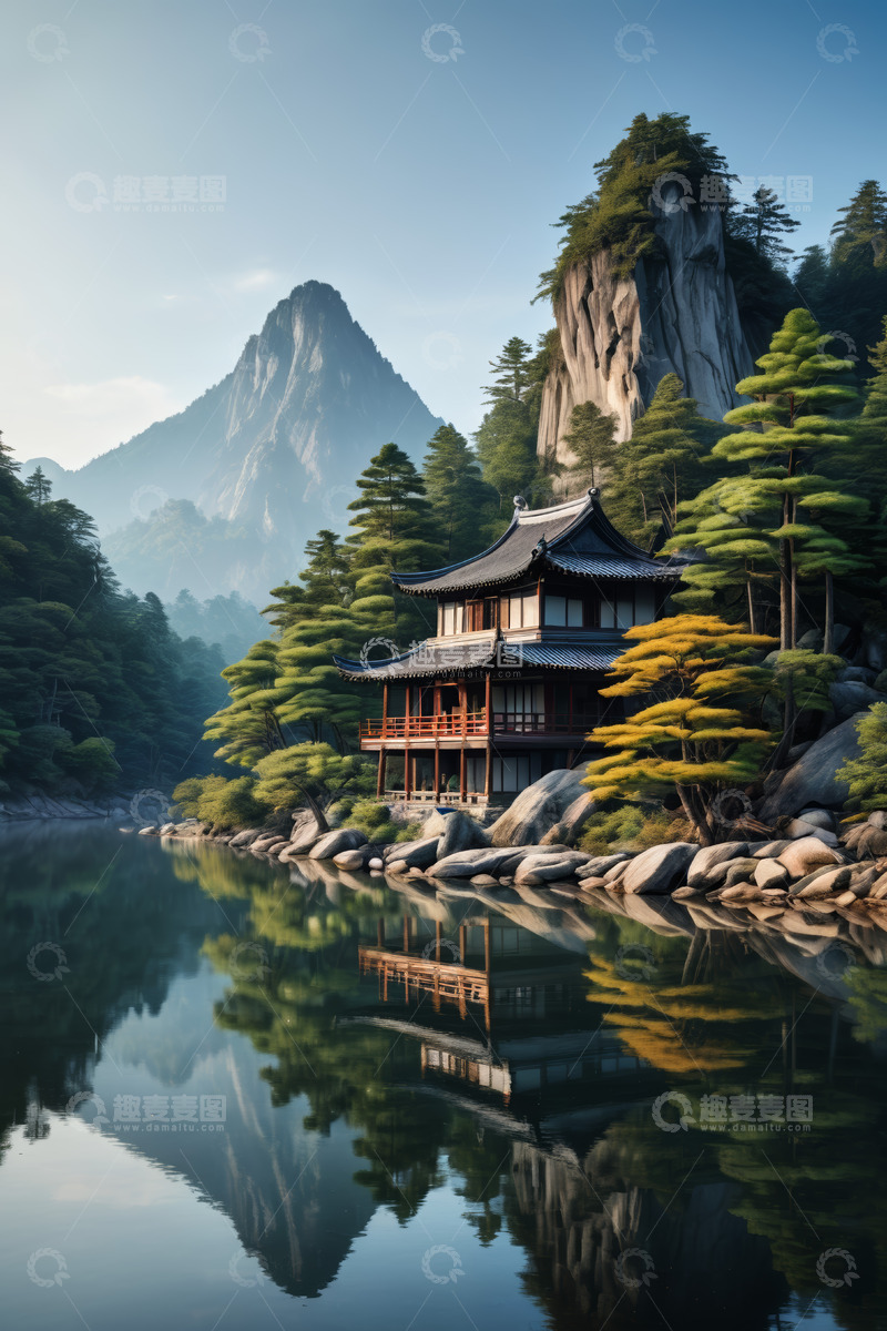 高清大图下载【趣麦麦图】山水间中式建筑风景