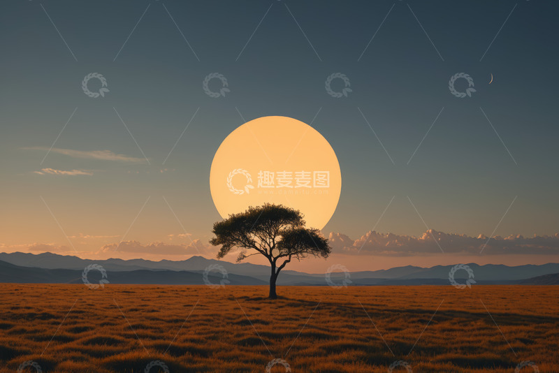 高清大图下载【趣麦麦图】草原上落日与孤树风景