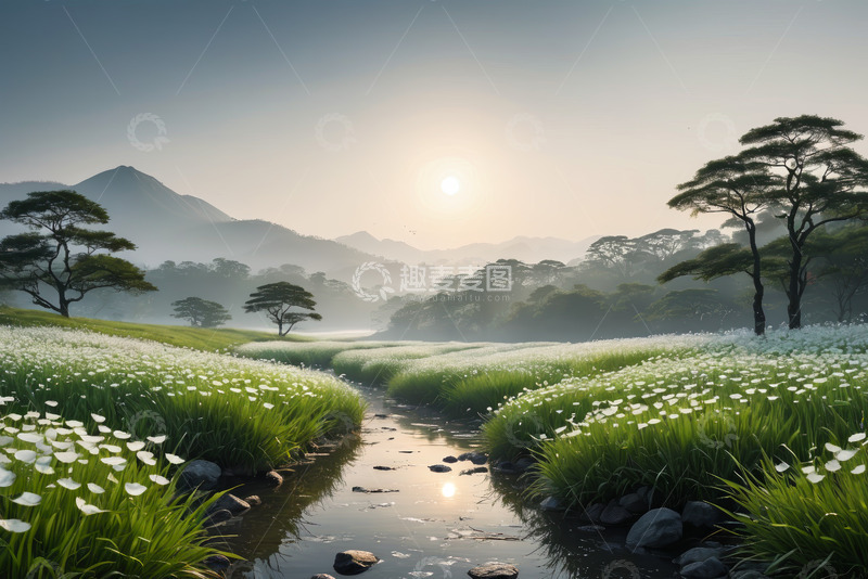 高清大图下载【趣麦麦图】草地溪流边的山林日出景象
