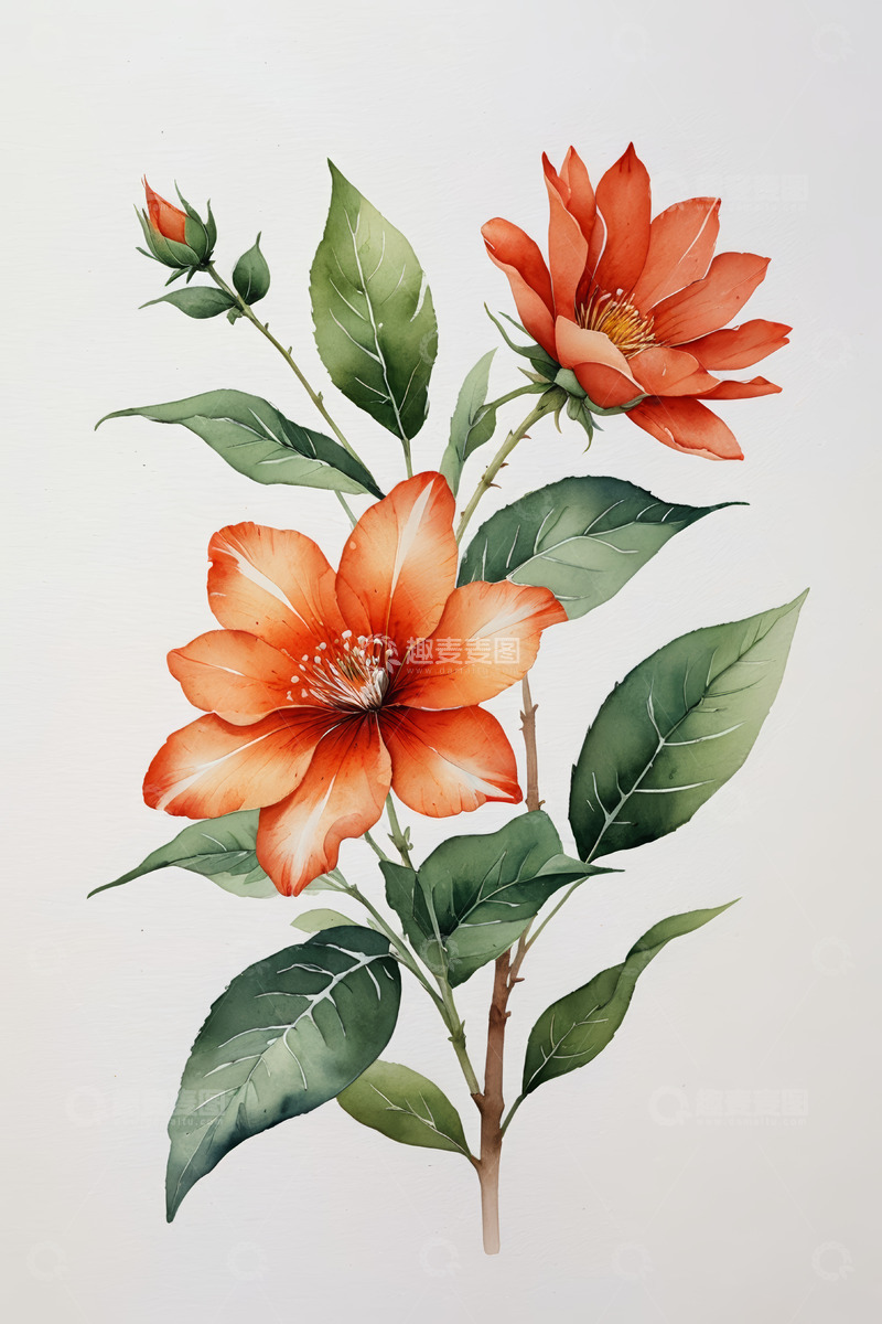 高清大图下载【趣麦麦图】橙色花卉植物水彩插画