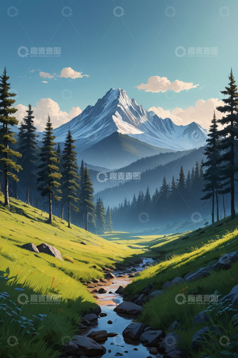高清大图下载【趣麦麦图】山间森林草地溪流风景