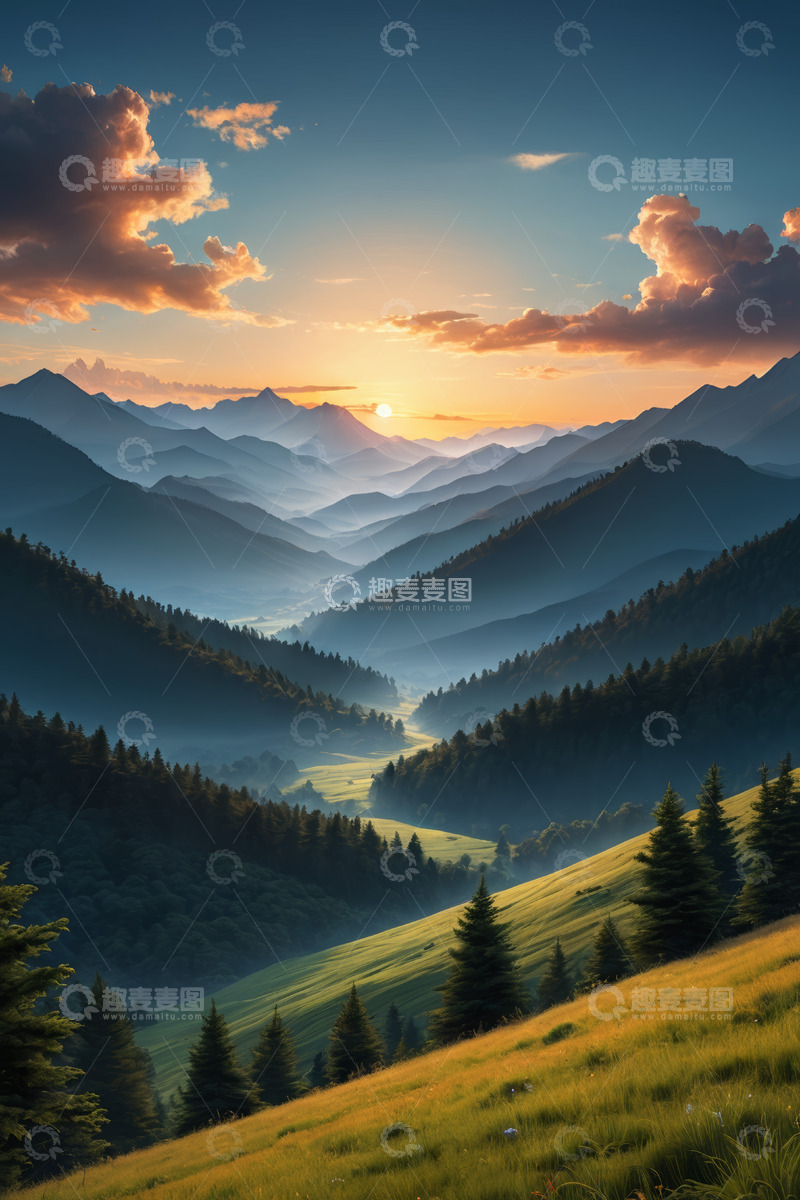 高清大图下载【趣麦麦图】山间日出自然风光全景