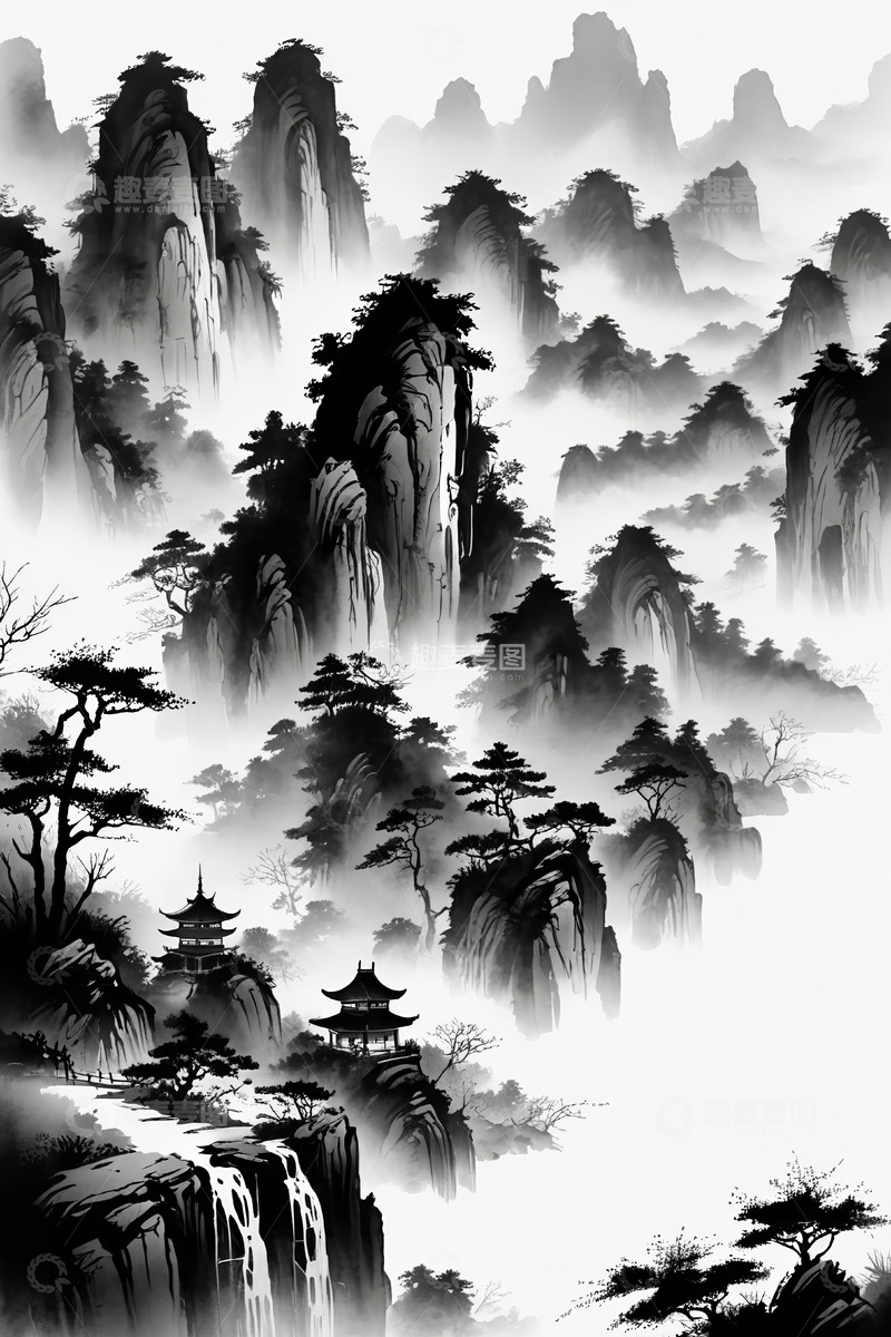高清大图下载【趣麦麦图】水墨风格中国风山水景观