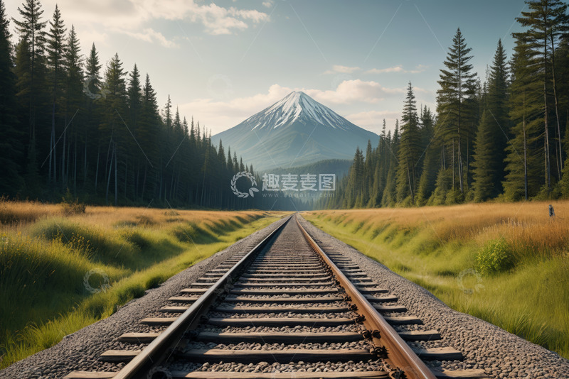 高清大图下载【趣麦麦图】铁路延伸至雪山森林的风景