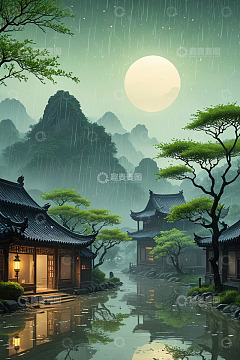 雨夜中式古建筑山水景观