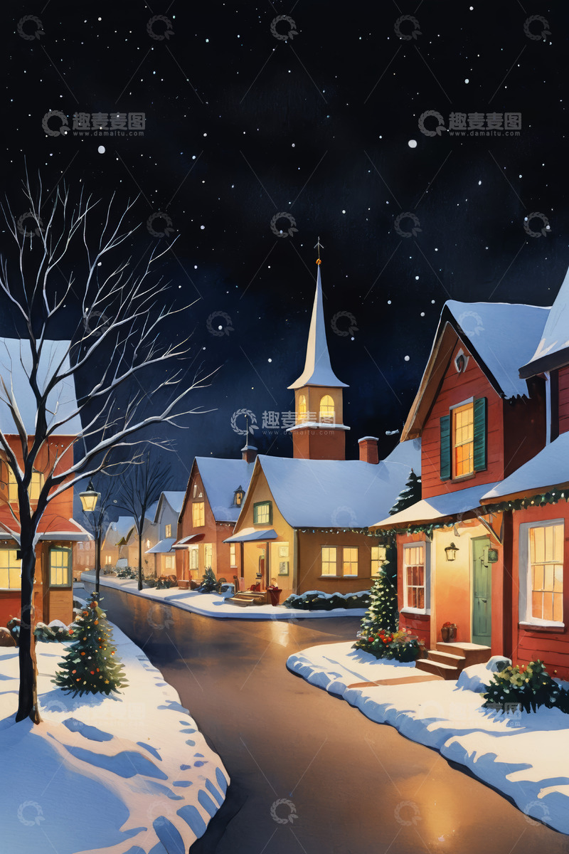 高清大图下载【趣麦麦图】冬夜雪中小镇街道景象
