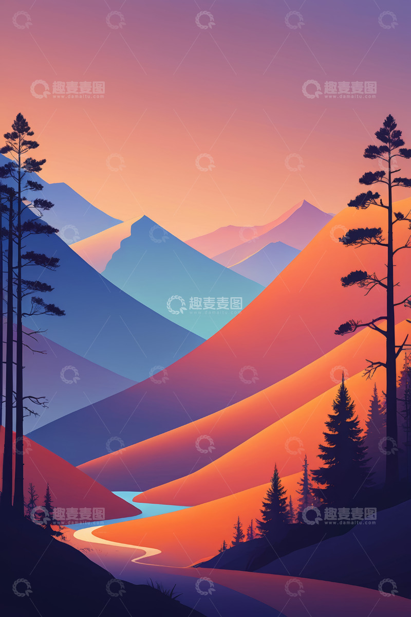 高清大图下载【趣麦麦图】黄昏时分山谷河流山林风景