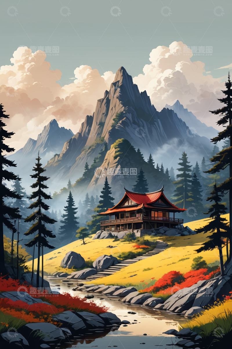 高清大图下载【趣麦麦图】山林间中式小屋自然风光