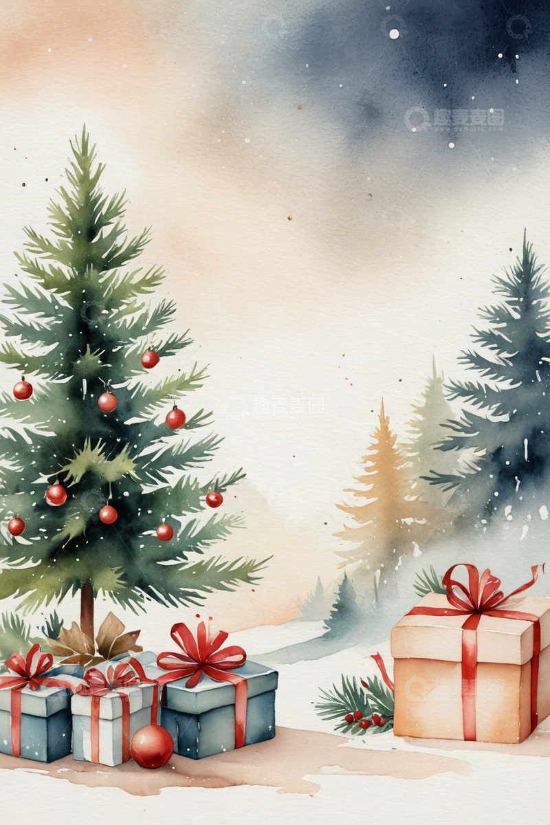 高清大图下载【趣麦麦图】圣诞雪景中的圣诞树与礼物