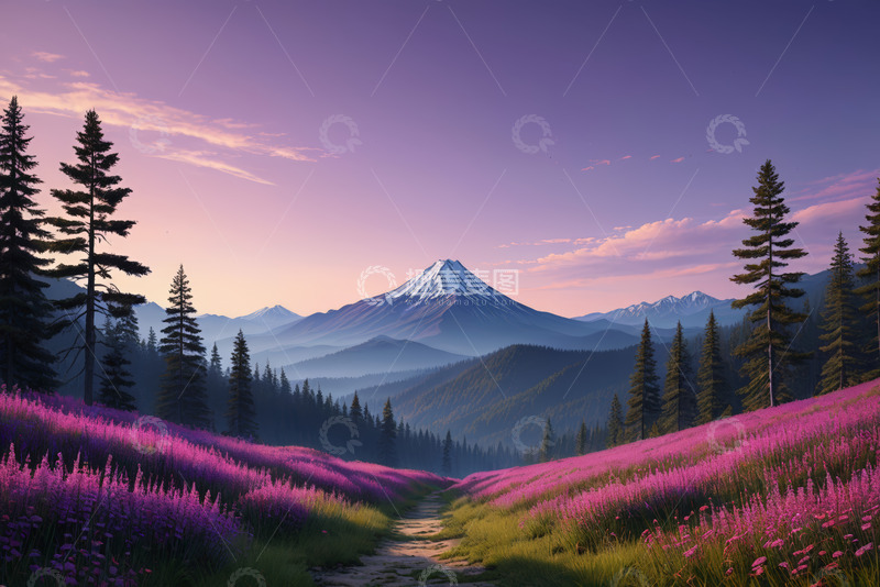 高清大图下载【趣麦麦图】山间花海与远处雪山风景