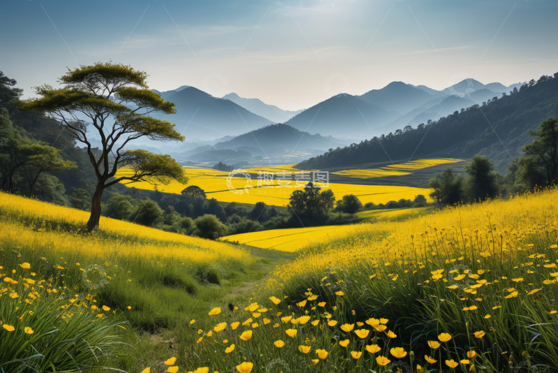 高清大图下载【趣麦麦图】山间黄色花海自然风光