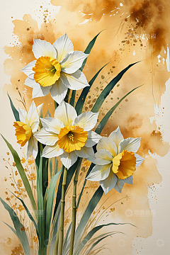 水彩风格水仙花特写素材