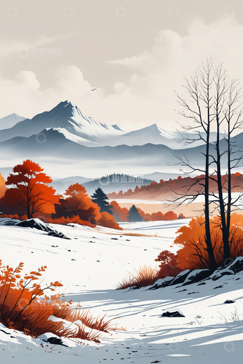 高清大图下载【趣麦麦图】雪山下的秋冬交替自然风光