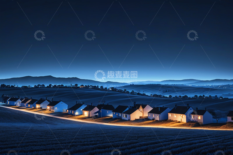 高清大图下载【趣麦麦图】乡村夜晚房屋与田野景观