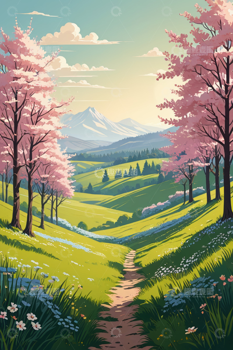 高清大图下载【趣麦麦图】春日山间粉色樱花小径风景