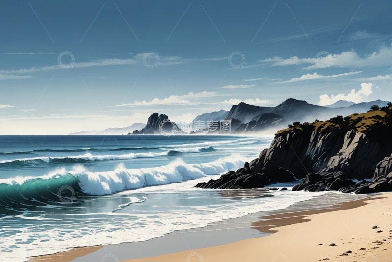 高清大图下载【趣麦麦图】海边沙滩海浪与远山风景