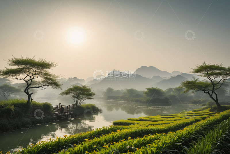 高清大图下载【趣麦麦图】河畔晨光中的自然景观