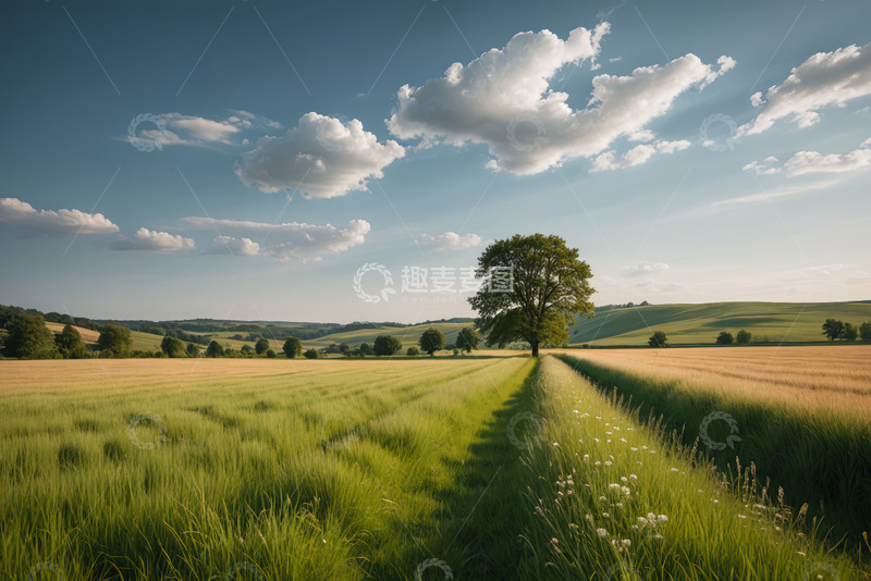 高清大图下载【趣麦麦图】田野中孤树与蓝天白云景观