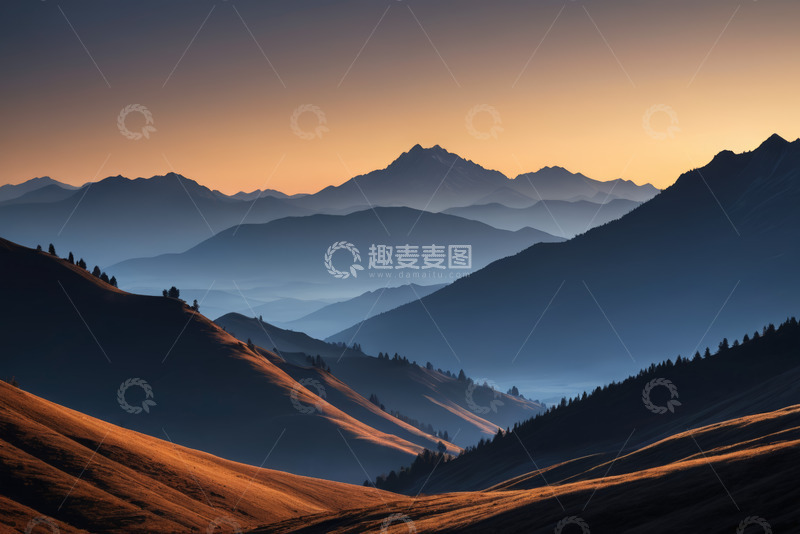 高清大图下载【趣麦麦图】黄昏时分连绵山脉自然风光