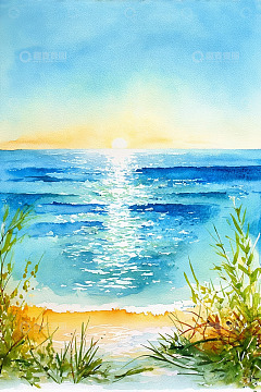海边日出自然风光水彩画