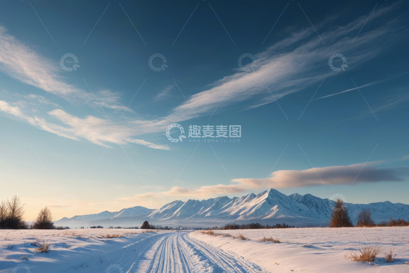 高清大图下载【趣麦麦图】雪野中延伸向雪山的道路
