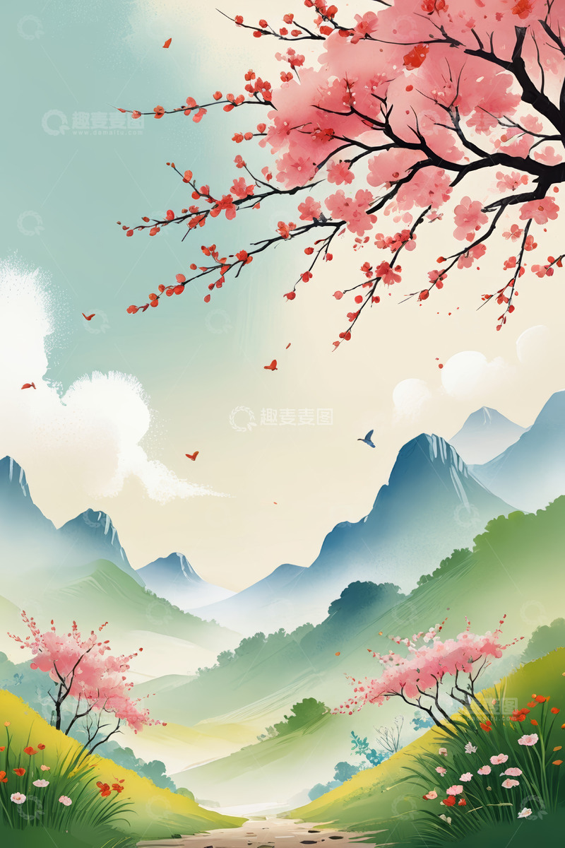 高清大图下载【趣麦麦图】春日山间烂漫樱花风景