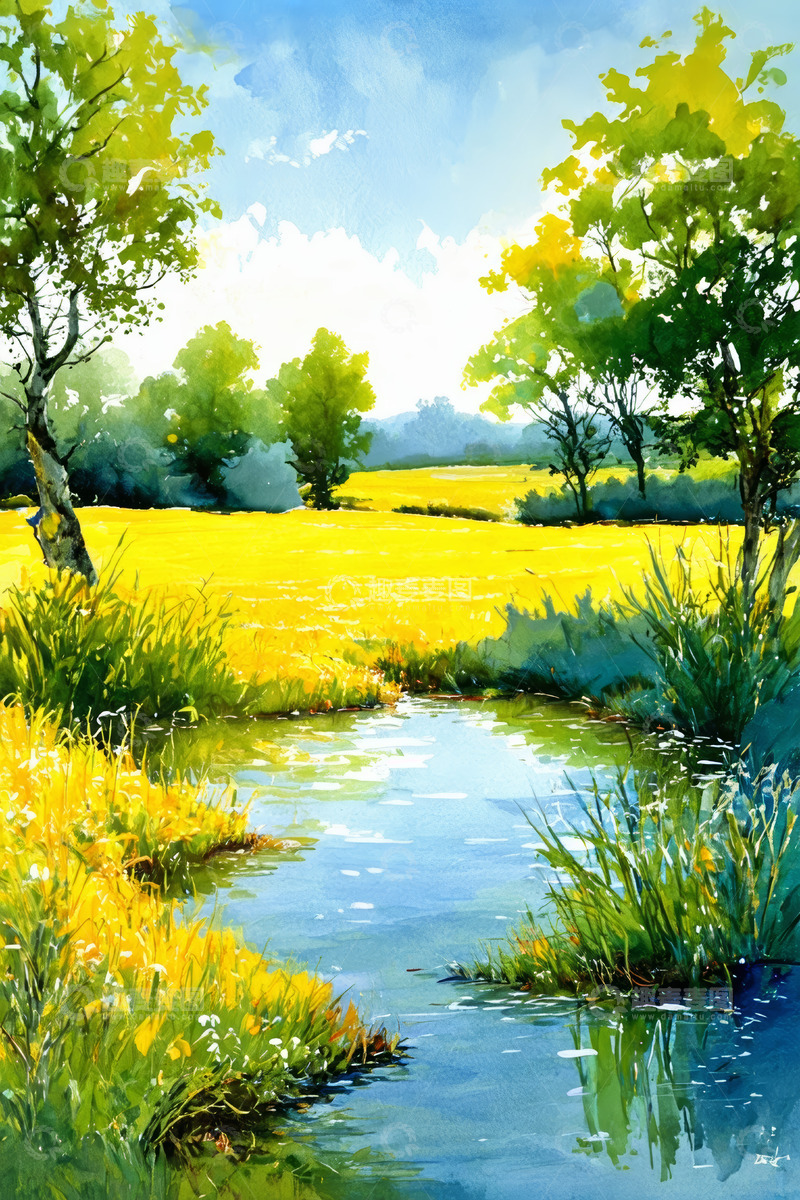 高清大图下载【趣麦麦图】田野间的河流与绿树风景