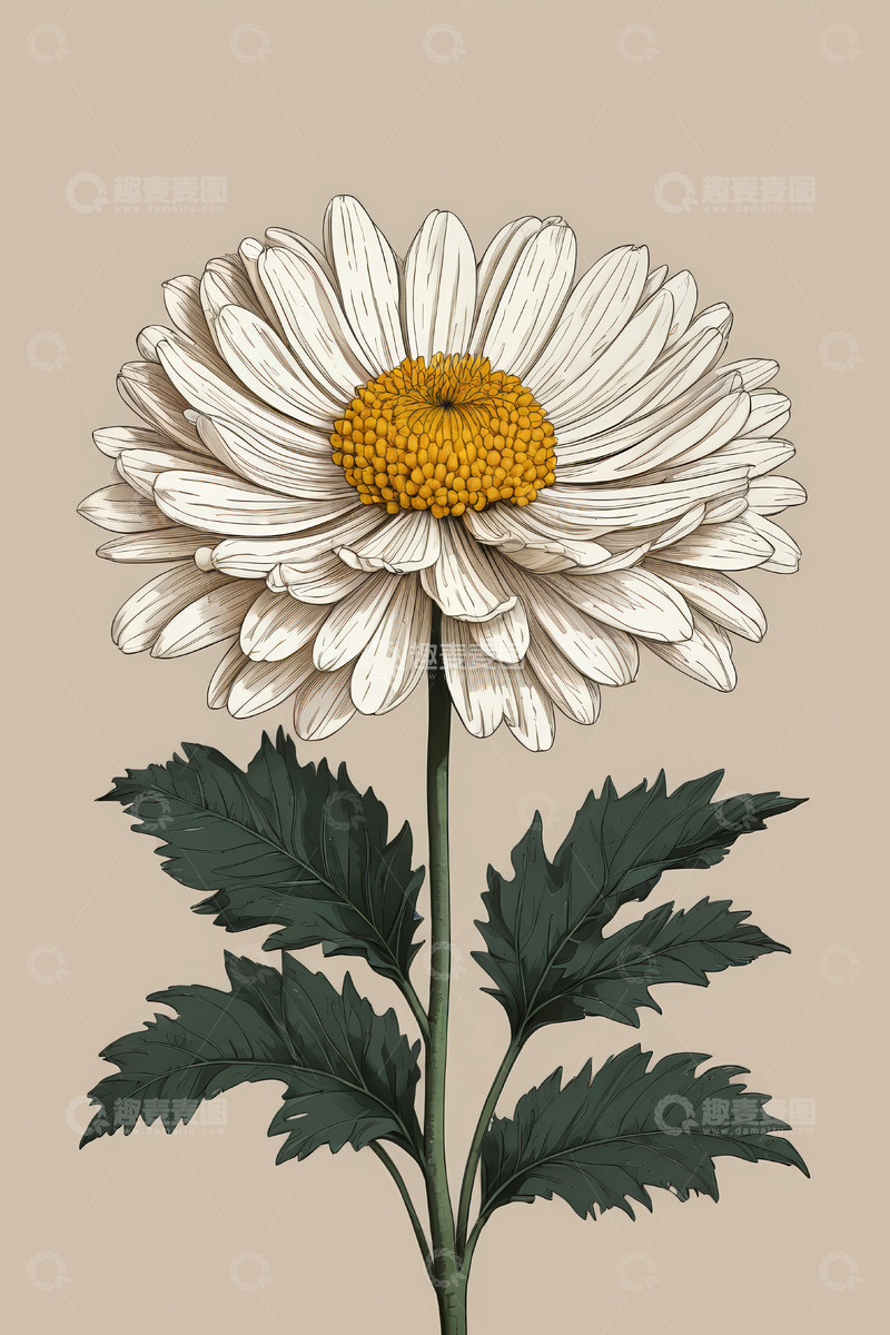 高清大图下载【趣麦麦图】单枝白蕊菊花插画