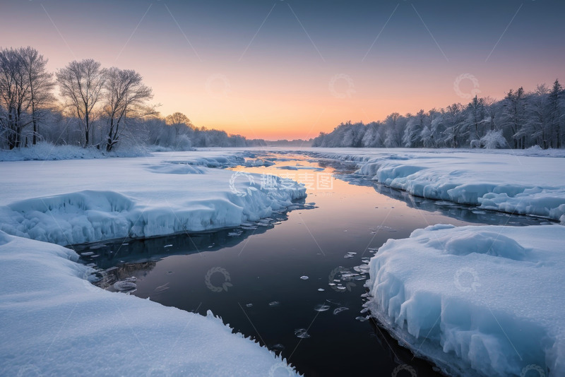 高清大图下载【趣麦麦图】冬日河流冰雪覆盖景象