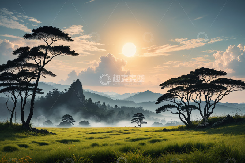 高清大图下载【趣麦麦图】山间草地日落自然风光