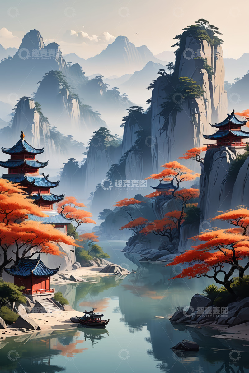 高清大图下载【趣麦麦图】中式山水古建筑风景