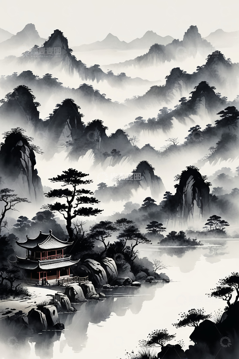 高清大图下载【趣麦麦图】水墨风格山水古建筑风景