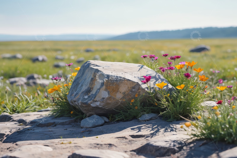 高清大图下载【趣麦麦图】原野中岩石旁绽放的多彩野花
