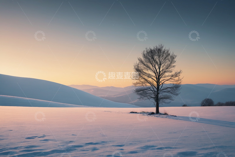 高清大图下载【趣麦麦图】雪地中孤独的树木景观