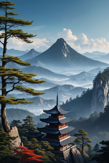 山间古建筑与自然风光远景
