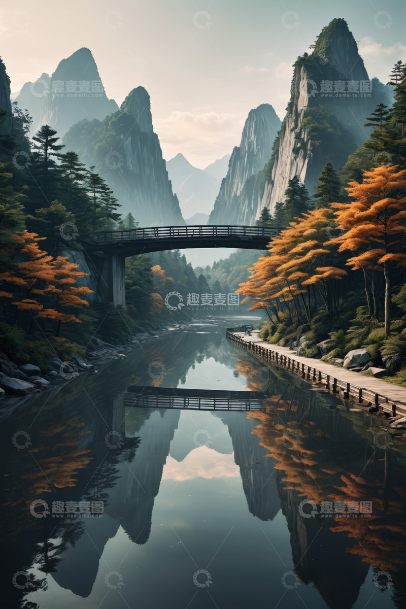 高清大图下载【趣麦麦图】山水间桥梁与秋色倒影景观