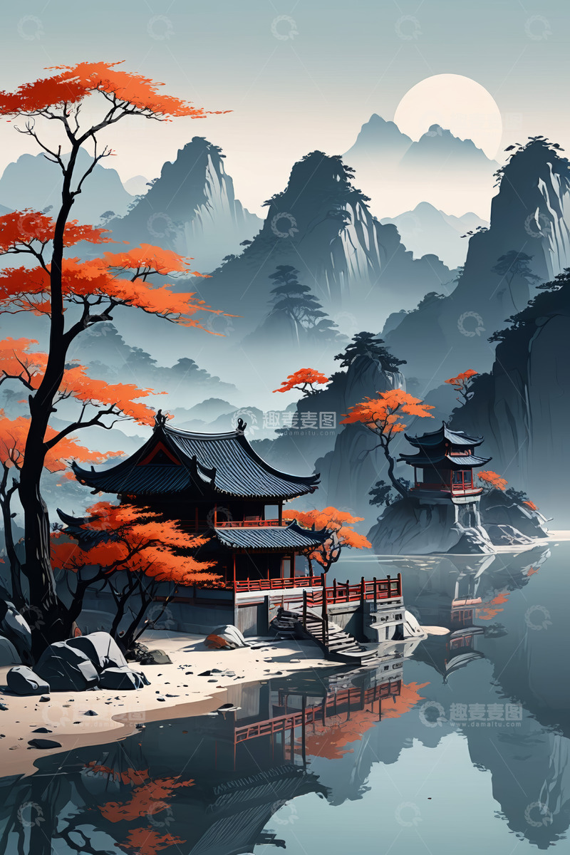 高清大图下载【趣麦麦图】中式山水间的古典建筑风景