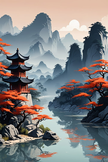 中式山水间的古亭风景