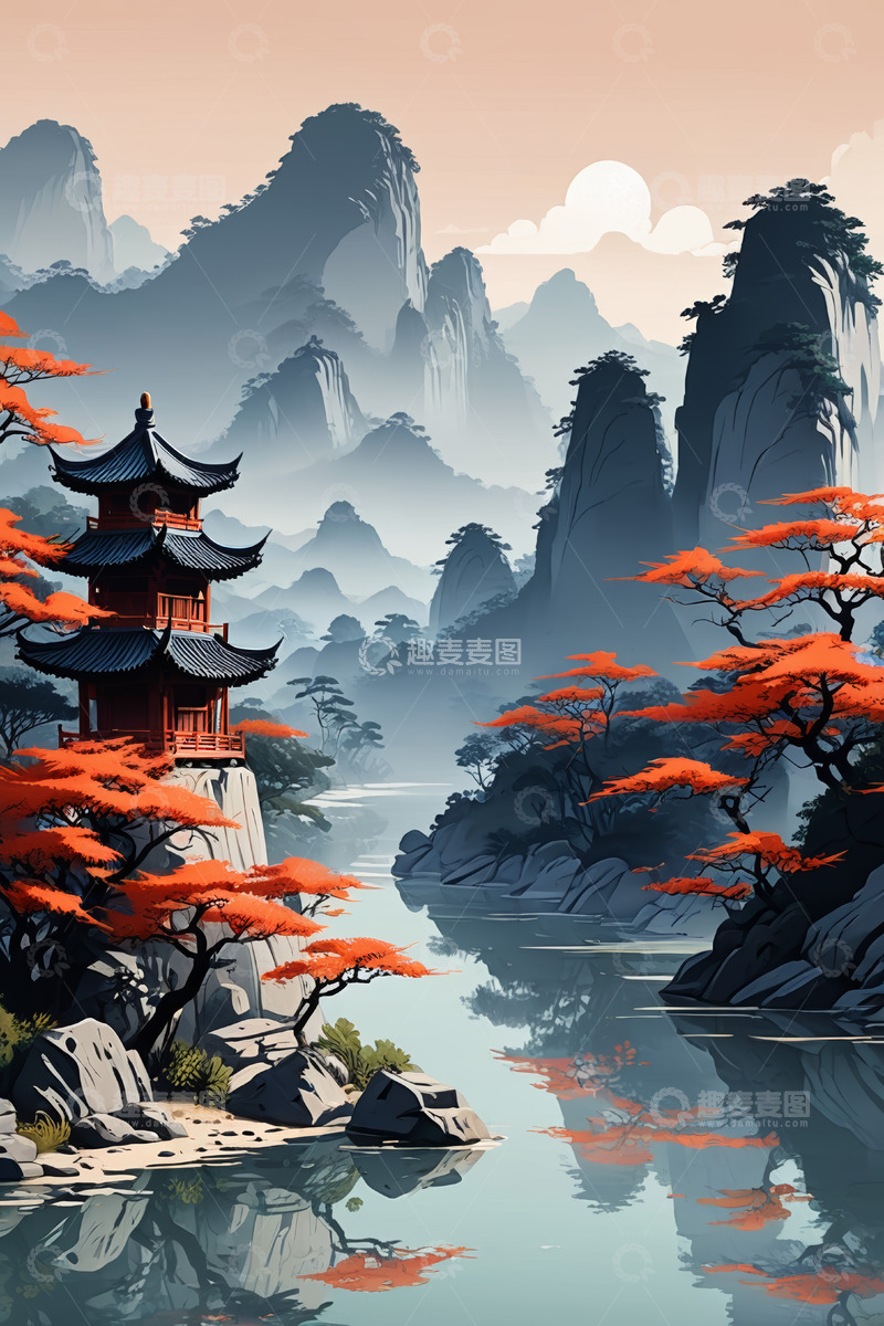 高清大图下载【趣麦麦图】中式山水间的古亭风景