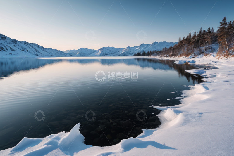 高清大图下载【趣麦麦图】雪山下宁静的湖泊雪景