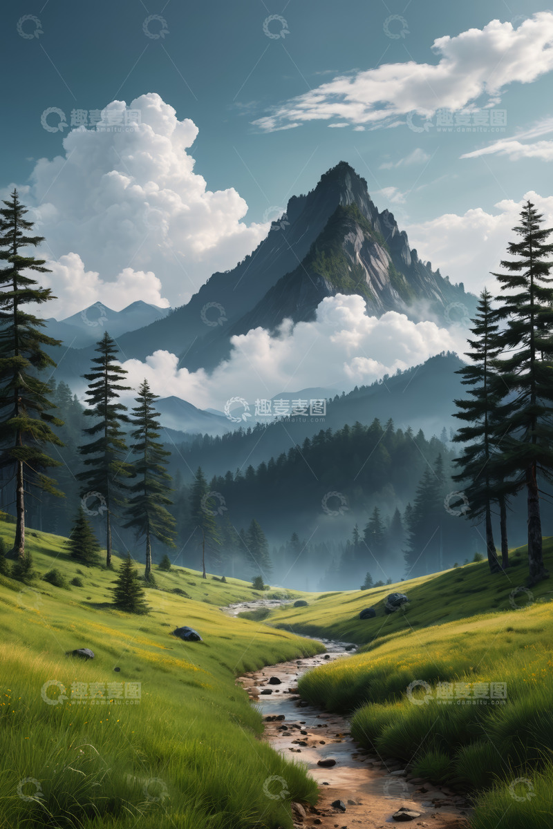 高清大图下载【趣麦麦图】山间森林草地与溪流风景