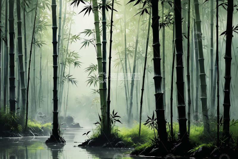 高清大图下载【趣麦麦图】静谧竹林与溪流景观